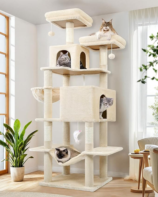 Globlazer Cat Tree Tower, 76-Inch Extra Tall Multi-Level Cat Furniture with Cozy Condos, Hammock and Perches for Adult Cats, Perfect for Climbing, Scratching, and Play, F76, Beige-PawvioPets