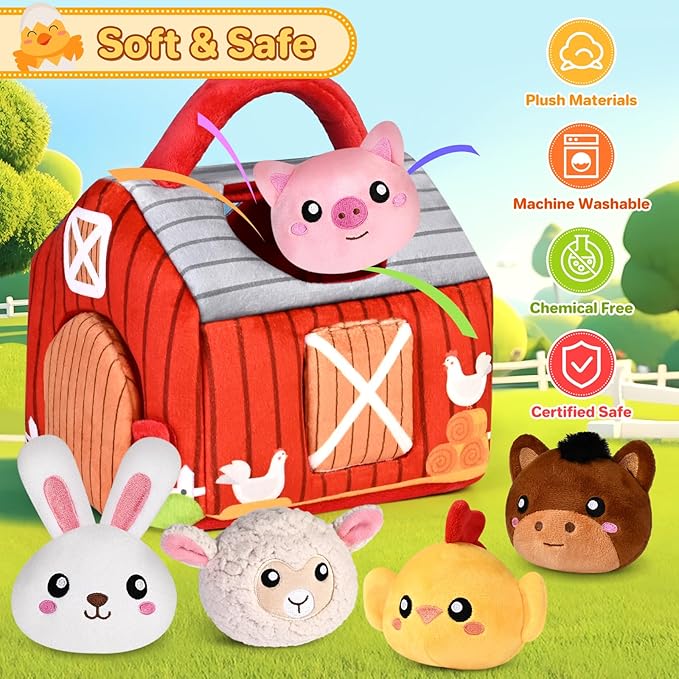 Baby Toys 0-12 Months, Plush Toy Set- 4 Sensory Soft Toys with Crinkle, Rattles for 0-3-6-9-12 Month Newborn Infant, 1st Birthday for Babies Boys Girls Age 1+ (Barn with Farm Animals)-PawvioPets