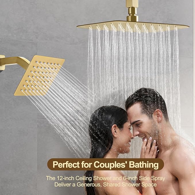 12 Inch Rain Shower System, Brushed Gold Shower Faucet Set with Push Button Diverter, 6 Inch Wall Mounted 3-Functions Bathroom Shower Systems with Dual-Function Handheld (Thermostatic, Gold Brushed)-PawvioPets
