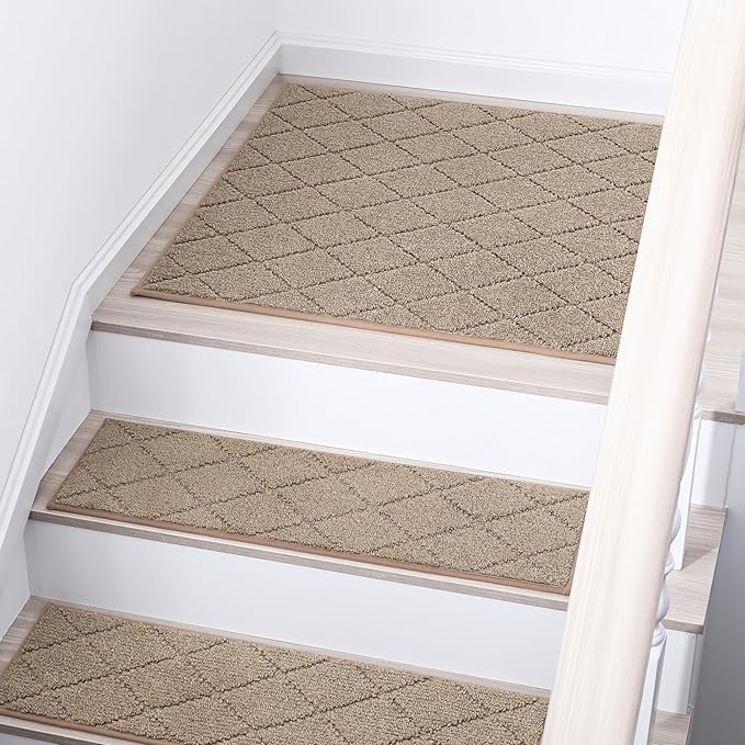 COSY HOMEER Edging Stair Treads Non-Slip Corner Indoor Stair Runners for Wooden Steps,Landing Slip Resistant Stair Rugs Mat for Kids and Dogs,100% Polyester TPE Backing,Beige,30x30 inch-PawvioPets
