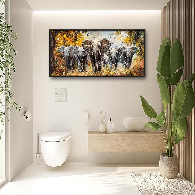 Extra Large Elephant Framed Wall Art for Living Room,Oversized Elephants Wild Animal Pictures Wall Decor,Forest Landscape Canvas Print Painting Modern Artwork Bedroom Office Bathroom 60L" x 30W"-PawvioPets