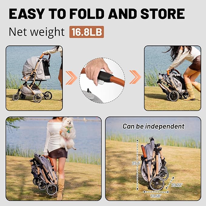 EchoSmile Small Medium Dogs Stroller 4-Wheel Pet Strollers for Medium Dogs Up to 50lbs, One Click Folding Large Cat Stroller, Reversible Handle, Shock Absorbing Wheels, Removable Washable Pad-PawvioPets