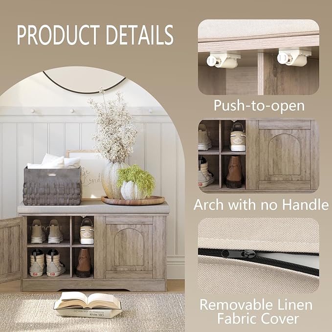 DINZI LVJ Shoe Bench, Entryway Storage Bench with Doors, Cushion, 2-Tier Shoe Rack with 6-Cubby, 31.5”L x 13.8”W Shoe Organizer Cabinet, Adjustable Shelf, Living Room, Bedroom, Greige-PawvioPets