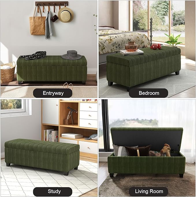 48" Green Ottoman with Storage, Corduroy Storage Ottoman Bench for Bedroom, End of Bed Bench with Safety Hinge for Living Room, Entryway-PawvioPets
