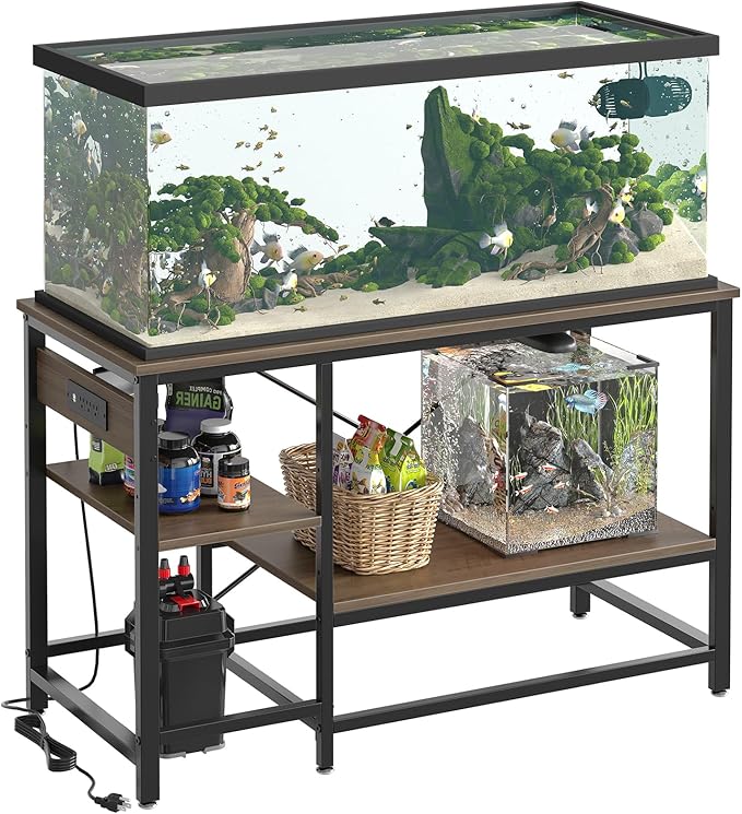 55 Gallon Fish Tank Stand with Charging Station, 49.2x13.8 Metal Aquarium Stand with 3-Tiers Adjustable Storage Shelves, 6-Legs Reptile Terrarium Stand, 700 LBs-PawvioPets
