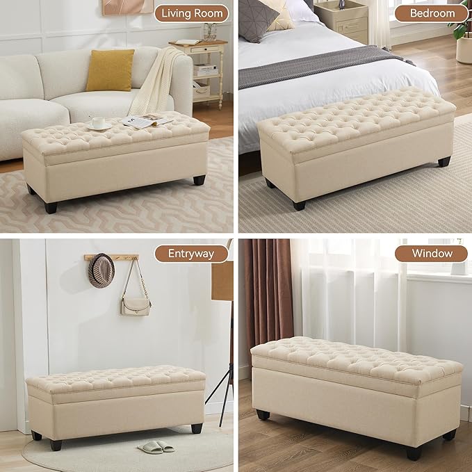 51" Fabric Storage Ottoman Bench, Upholstered Rectangle End of Bed Storage Ottoman Tufted Living Room Bedroom Bench with Safety Hinge, Solid Wood Legs, Loads 500 lb(Khaki)-PawvioPets