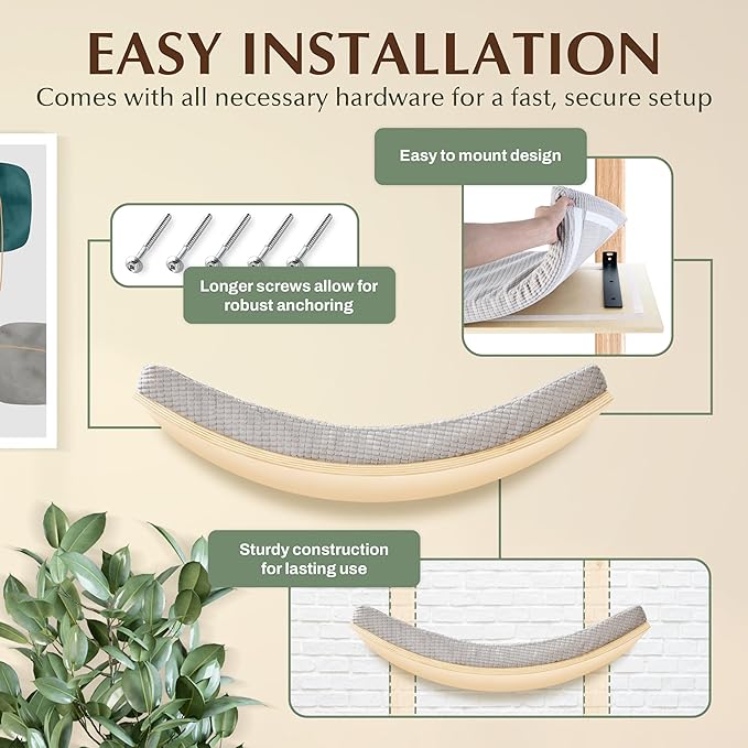 Extra Large 23.6”×14.6” CALLICO HAVEN- Stylish Cat Wall Shelves with Curved Design, Modern Wall-Mounted Cat Tree Hammock with Soft Cushion, Sturdy/Hidden Mounts, Washable Cover, Sleek Design -C Shape-PawvioPets