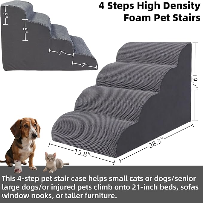 4 Step Pet Stairs Ramp for High Beds Sofas 18-24 Inch with Sturdy Non Slip Waterproof Pads, Machine Washable Cover Indoor Balanced Design for Cats Dogs Small Medium Large XL Pets Grey-PawvioPets