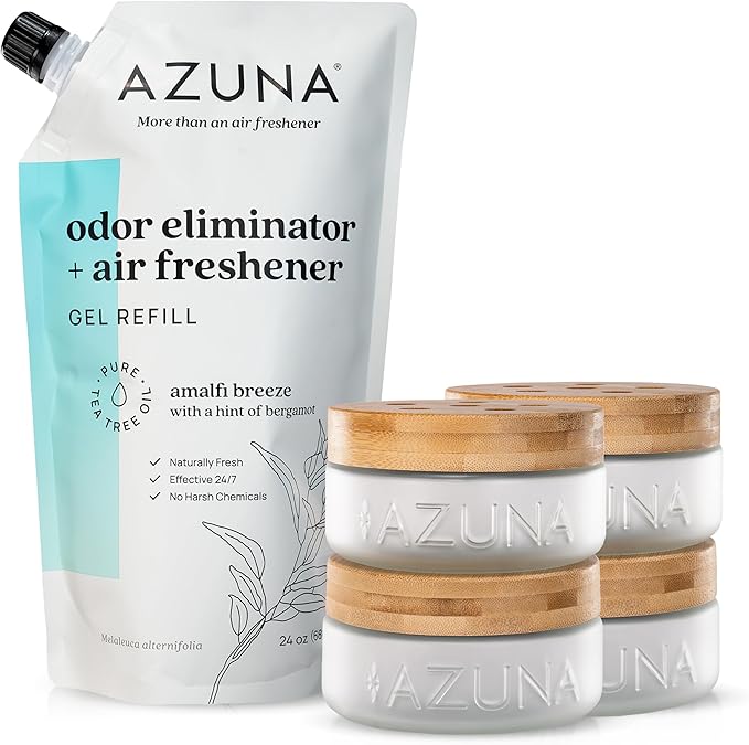 Azuna Air Freshener & Odor Eliminator Gel 4 Room Kit, Includes (4) 8 oz. Empty Luxe Glass Jars & 24 oz. Refill with Tea Tree Essential Oil, Amalfi Breeze, Works 24/7 for 60-90 Days-PawvioPets