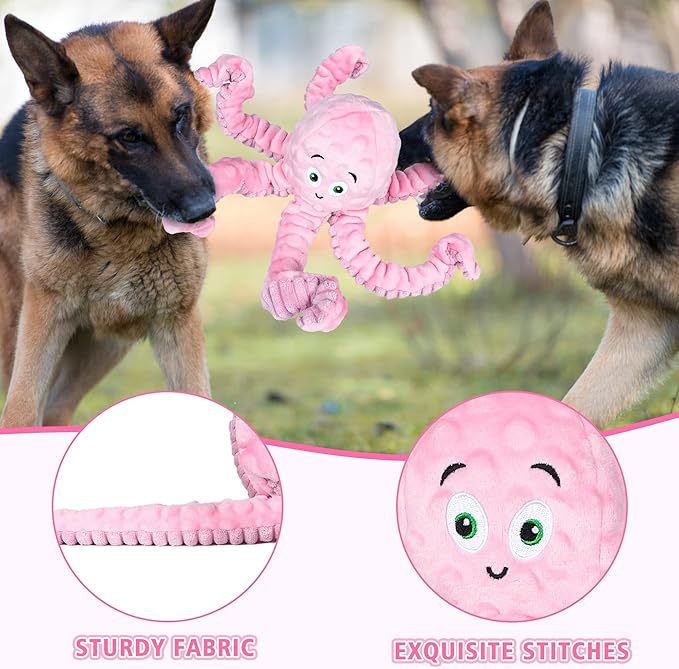 Dog Squeaky Toys Octopus - Tough Plush Large Medium & Small Dog Toys - Stuffed Animals Puppy Toys (Octopus Pink)-PawvioPets