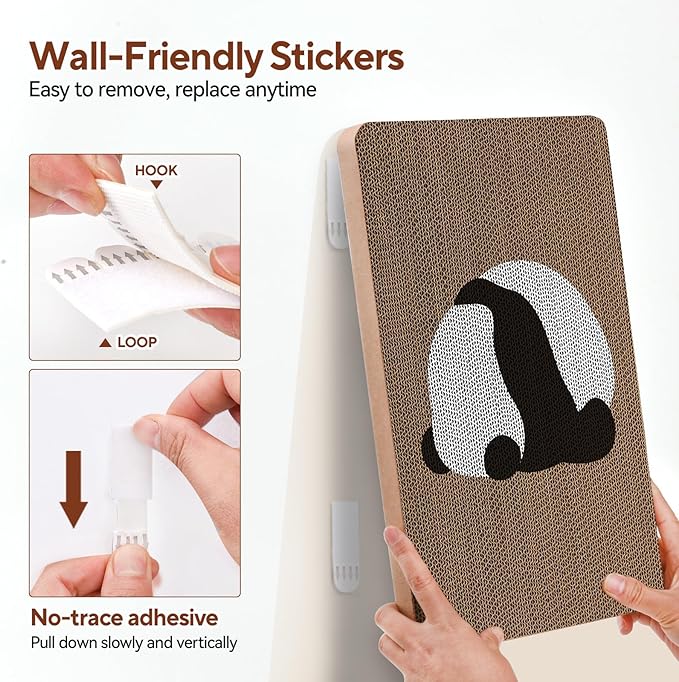 AUSCAT Cardboard Cat Wall Scratcher, 7 cat Scratching Boards with Box, Wall Mounted Cat Scratching Pads for Indoor Cats, Furniture Protector, 14.5" x 9.3", Panda Pattern-PawvioPets