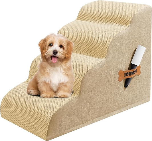 Dog Stairs, Romrol Dog Steps Ramp for High Bed and Couch, Dogs Ramp with Durable Non-Slip Waterproof Fabric Cover, Pet Stairs for Small Dogs and Cats or Pets Joints, 4-TiersBeige-PawvioPets