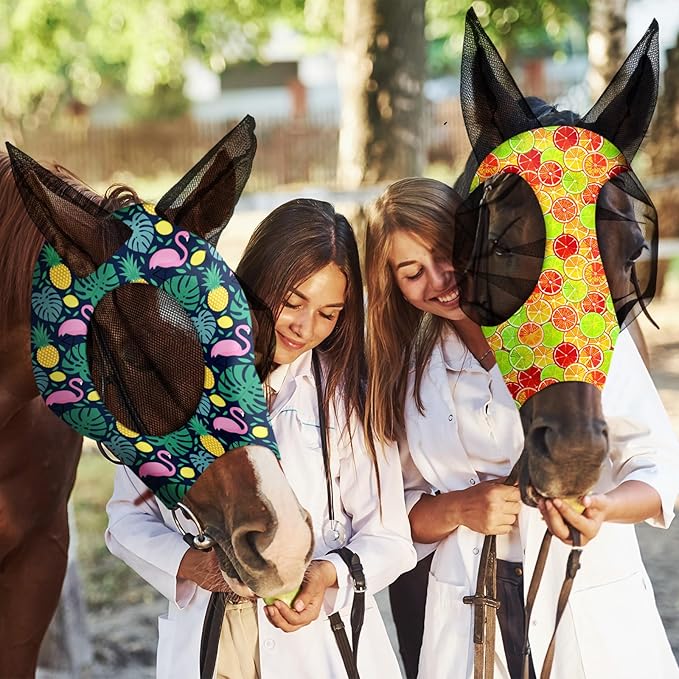 Frienda 4 Pieces Horse Fly Masks with Ears Face Covering UV Protection from Insect Pests Elasticity Smooth Comfortable Mesh Horse Mask Accessories(Fruit,Medium)-PawvioPets