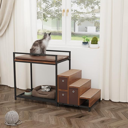 Dog Window Perch, Pet Bunk Bed with Multi-Level Platform, Non-Slip Cat Window Perch with Stroage Drawers, Dog Perch to Look Out Window, Wooden Steps for Small, Large Sized Dogs and Cats-PawvioPets