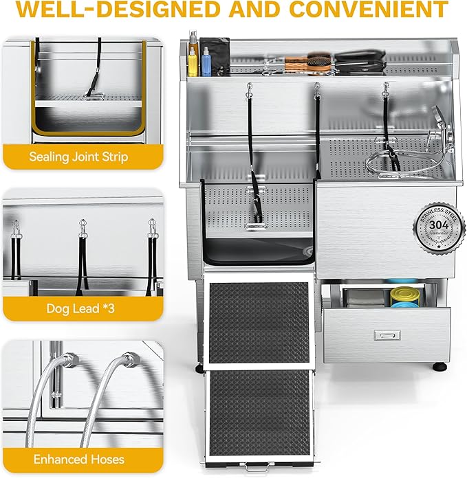DWVO Professional Dog Bathing Station Stainless Steel 304 Pet Bathtub, 50in Dog Grooming Tub w/Right Door Ramp, 2 Storage Drawers, Grate, Pet Washing Station for Large, Medium, Small Pets-PawvioPets