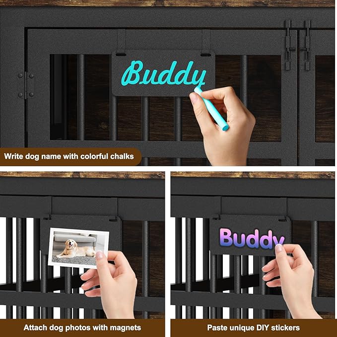 EasyCom 42"/41"/33" Dog Crate Furniture with Name Tag, XL Heavy Duty Dog Kennel Indoor for Large and Medium Dogs, Double-Doors Sturdy Dog Cage for Anxiety Dog, Decorate House as TV Stand-PawvioPets
