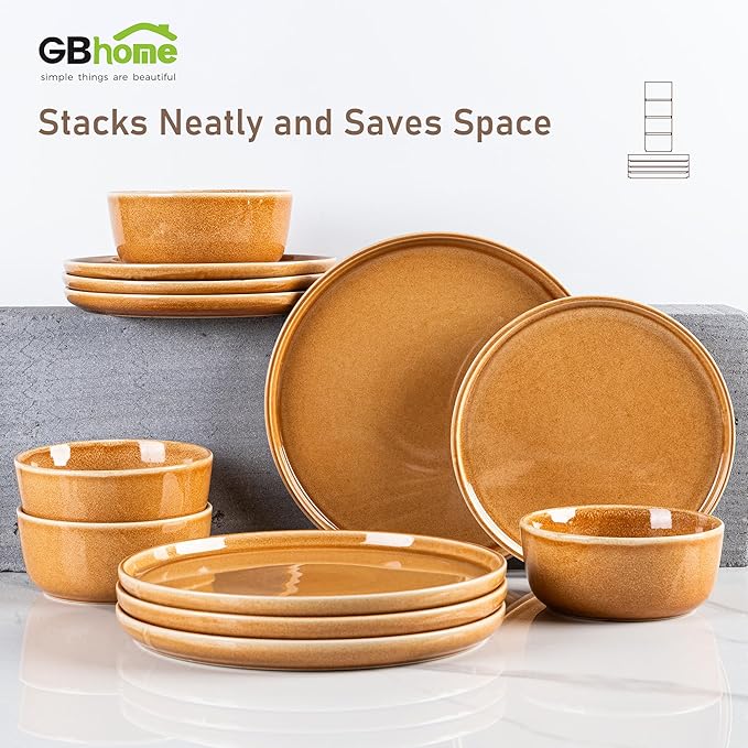 GBHOME Ceramic Dinnerware Sets for 4, 12 Pieces Stoneware Plates and Bowls Sets, Scratch Resistant Dishes, Dishwasher & Microwave Safe, Reactive Glaze-Amber-PawvioPets
