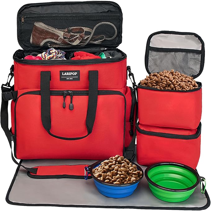 Dog Travel Bag,Weekend Pet Travel bag Set for Dog and Cat,Airline Approved Tote Multi-Function Bags for Traveling,Include 2 Collapsible Bowls,2 Food Storage Containers,1 Feeding Mat,Red-PawvioPets