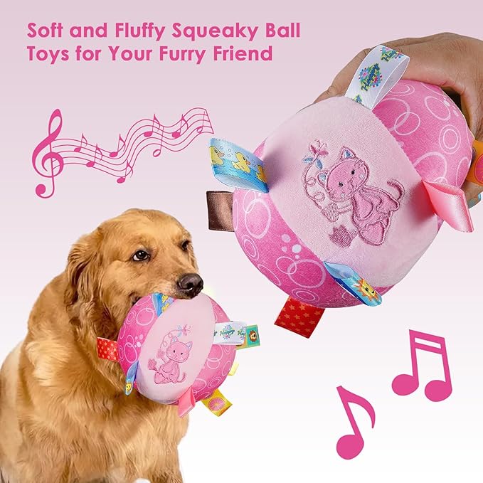 Dog Squeaky Plush Toy with Straps, 6-Inch Soft Stuffed Ball with Cotton Material and Bell Built-in, Pet Interactive Fetch Toy for Small to Large Dog-PawvioPets