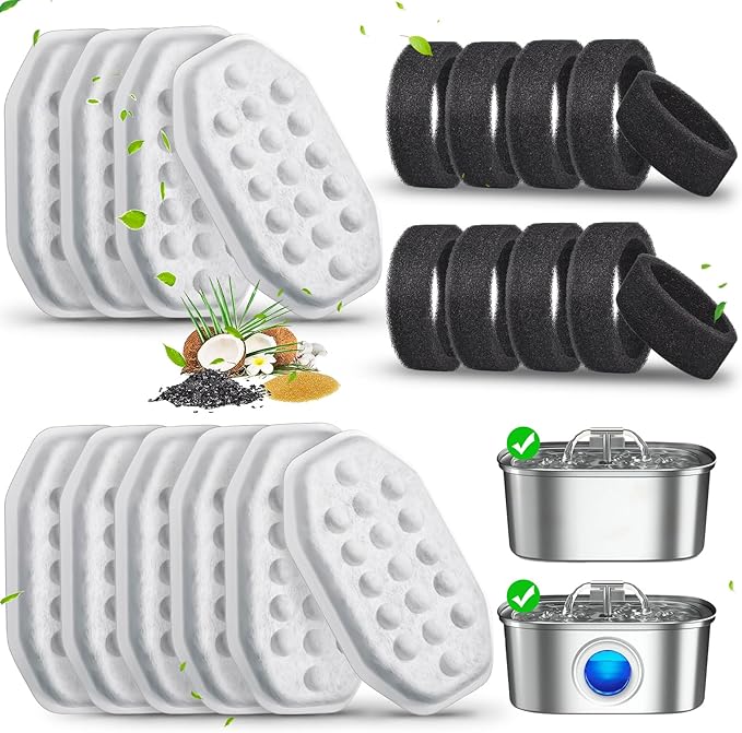 20 Pack Cat Water Fountain Filters-Cat Fountain Replacement Filters for Stainless Steel 3.2L/108oz Adjustable Water Flow Cat Fountain(10 Pack Pet Water Filter Refills+10 Pack Sponges)-PawvioPets