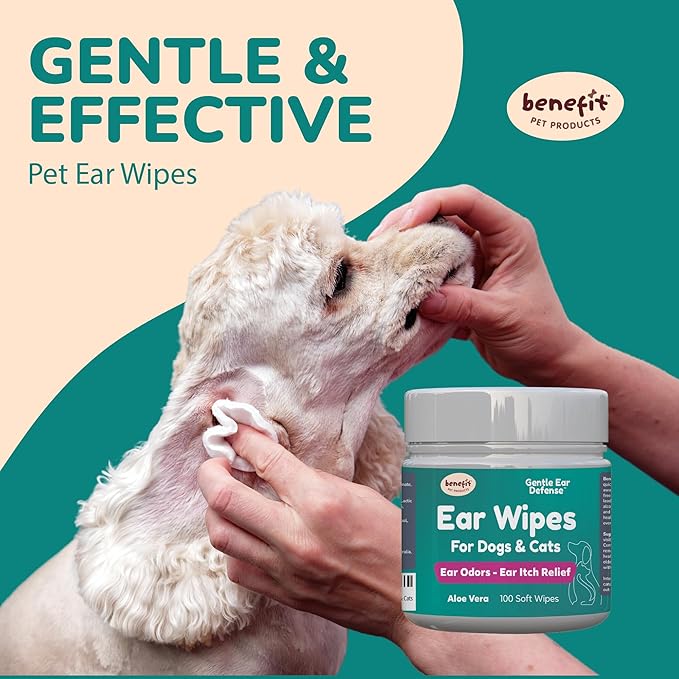 Benefit Pet Products Dog Ear Wipes - Ear Cleaner for Dogs to Prevent Infections, Itching & Odor - Aloe & Eucalyptus, Grooming Wipes - 100 Count-PawvioPets