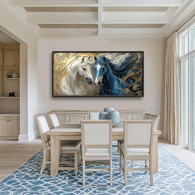 Framed Large Horse Wall Art for Living Room, Oversized Abstract Horses Wall Decor Blue and Golden Canvas Painting Animal Pictures Modern Artwork for Living Room Bedroom Office 60"x30"-PawvioPets