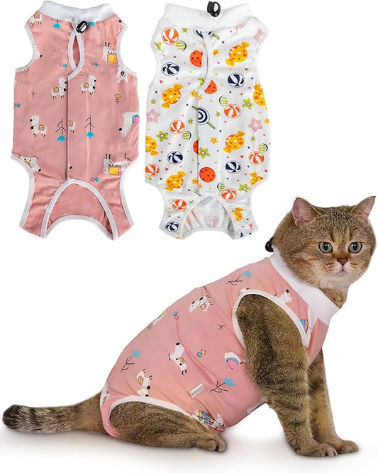 ANWA 2 Pack Cat Recovery Suit - Breathable Cat Onesie for Cats After Surgery Female, Kitten Surgery Recovery Suit Female Abdominal Wounds-PawvioPets