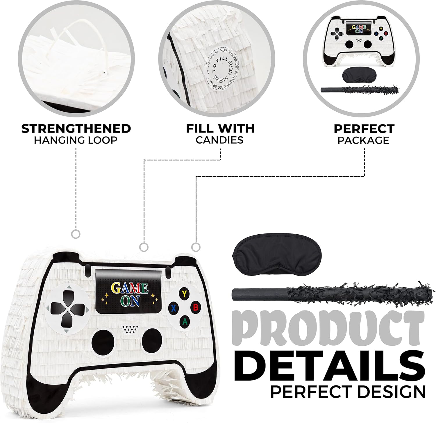White Game Controller Pinatas Bundle with a Blindfold and a Bat(16.5 x 12 x 3.5 Inches), Perfect for kid's Birthday Parties, Mexican Theme Parties, Decorations