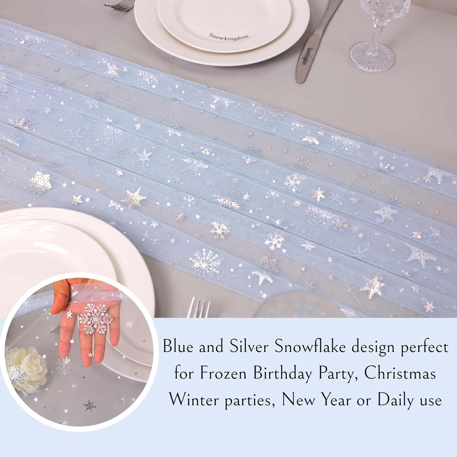 Snowkingdom Silver Snowflake Christmas Table Runner, 10ft Blue Cheesecloth Gauze Sheer Chiffon 120 Inch Winter Table Runner, Seasonal Holiday Kitchen Dining Decoration for New Year Outdoor Party Decor