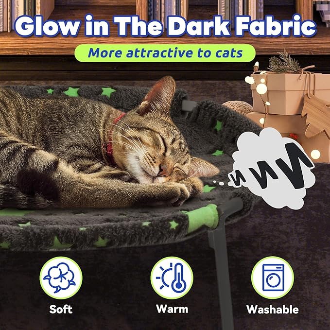 Elevated Cat Bed, Glow-in-The-Dark Fabric Cat Hammock Bed for Large Indoor Cats, Machine Washable & Breathable Cover, Tool Free Easy Assembly, up to 66Lbs (Gray, L)-PawvioPets