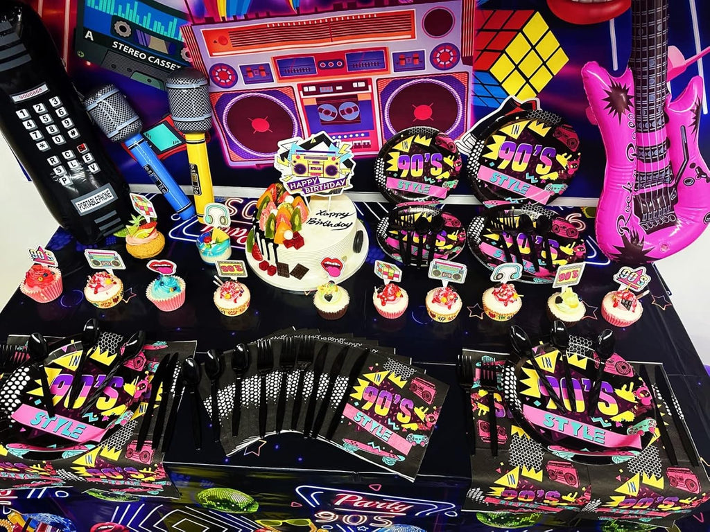 90s Party Decorations 80's 90's Theme Party Bundle includes Inflatable Gitar&Mobile Phone, Back To The 90's Banner, Tablecloth, Cake Toppers, Plates, Napkins, Hip-Hop Backdrop