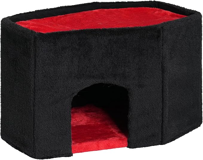 Gothic Cat Condo Cave for Indoor Cats, Spacious Indoor Coffin Cat House Bed,Large 20x13.5inch Bunk Perch, Stable Cubbie for Pets Rabbits, Halloween Red Black-PawvioPets
