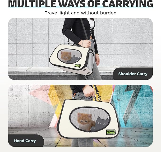 Cat Carrier Purses for Women, Airline Approved Pet Travel Bag for Cats, Kittens, Rabbits up to 10 lbs - Collapsible, Soft-Sided,16x10x10 in, Breathable Mesh with Kitty Pattern, Collar and Leash, Cream-PawvioPets