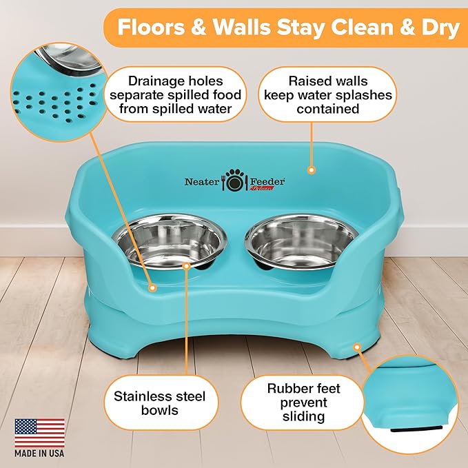 Neater Feeder Deluxe Mess Proof Cat Bowls Elevated for All Breeds – Made in USA – No Spill Raised Bowls for Indoor Cats – Stainless Steel Food and Water Bowl Set, Pet Dish Feeding Station, Aquamarine-PawvioPets