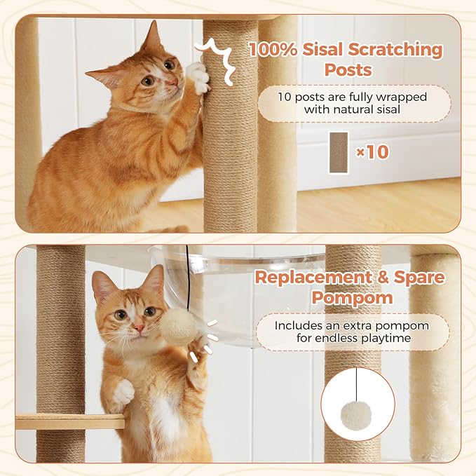 71" Tall Wood Cat Tree for Large Cats, Modern Cat Tower with 2 Acrylic Bowls, Large Top Perch, Spacious Cat Cave (Soft Cushion Included), 10 Sisal Scratching Posts and Non-Slip Jump Platforms-PawvioPets