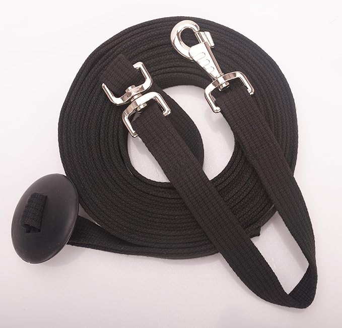 Cord Cotton Lunge Line with Rubber Stop，Equine Lunge Line for Horses with Swivel Bolt Snap，24 ft (Black, 24ft)-PawvioPets