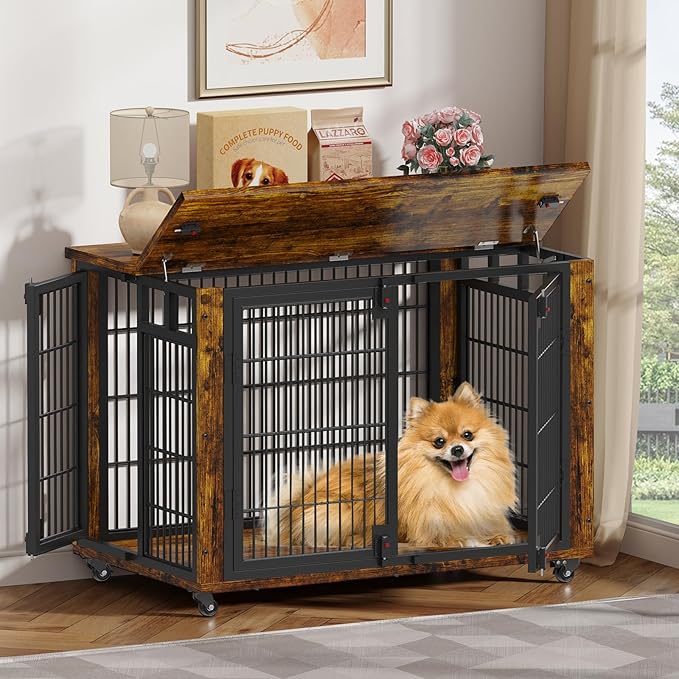 EasyCom 90% Pre-Assembled 33" Small and Meidum Dog Kennel Indoor Furniture, Wooden Dog Crate Furniture with Top-Access Teasing/Feeding Doors, for Medium and Small Breed, with Wheels Moveable-PawvioPets