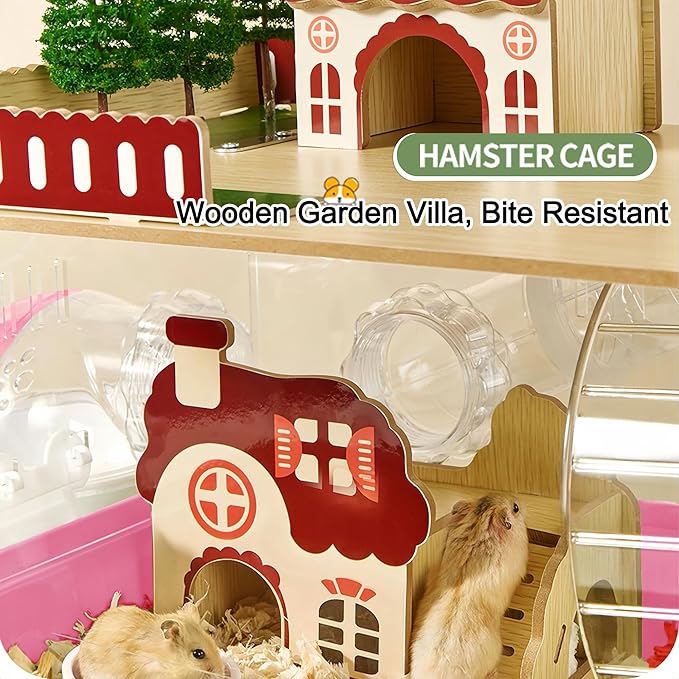 12 in 1 Clear Acrylic Hamster Cage with All Accessories,13.5''L*10''W*15''H Dwarf Hamster Cage,Magnetic Connection Small Hamster Enclosure,Wooden Mouse Cage for Pet Mice(2-Layer,Pink) Install Required-PawvioPets