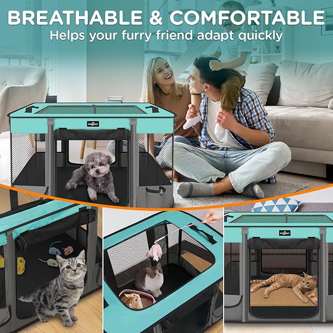 Foldable Pet Kitten Playpen, Waterproof Portable Pet Cat Dog Playpen Kennel Tent for Small Dog Cat, Removable Shade Cover, Come with Free Carrying Case, Indoor Outdoor Use for Small Animals, BlackTeal-PawvioPets