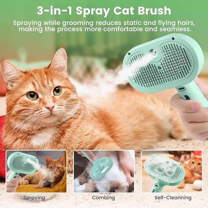 3 in 1 Cat Steam Brush, Pet Spray Hair Removal Comb for Shedding & Grooming, Water Brush for Cats Dogs Small Animals Long Short Haired with One-Click Release Button(Green)-PawvioPets