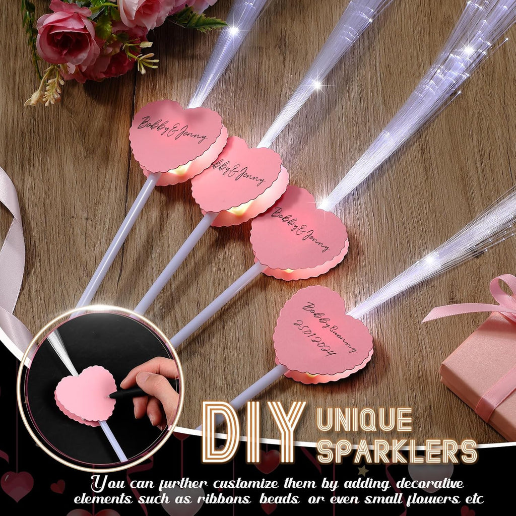 24 Pcs Wedding Sparklers Heart Shaped LED Glow Sticks Fiber Optic Wands Light up Wand with 3 Light Mode for Wedding Bridal Shower Birthday Glow in the Dark Party Supplies (Pink)