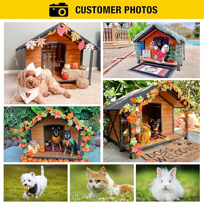Aivituvin Dog House with Anti-Chewing Metal Frame Outdoor Large Wooden Dog Kennel Outside with Overhang Roof Large Porch Weatherproof-PawvioPets