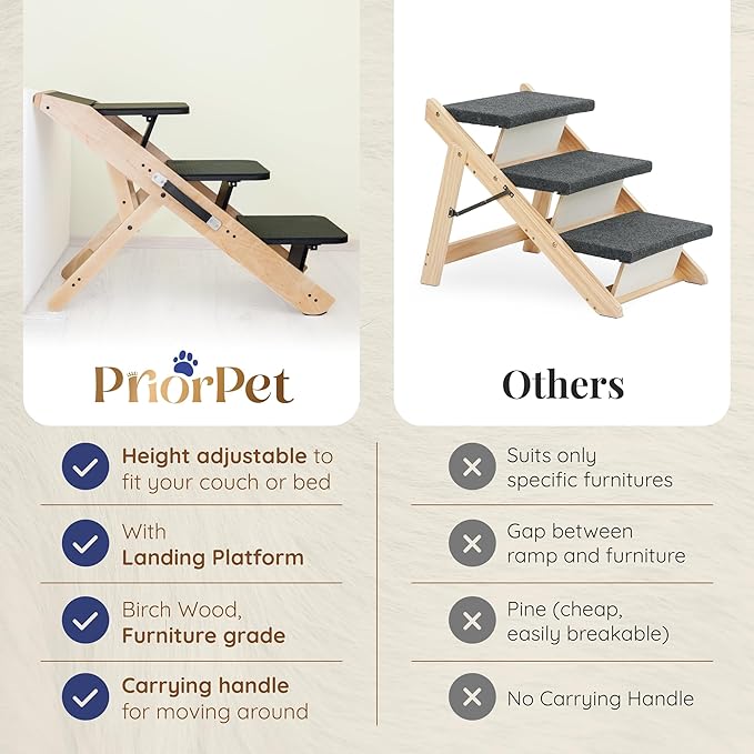 Dog Steps for Bed & Couch 2-in-1 Dog Stairs/Ramp - Height Adjustable Dog Ramp for Couch 7” - 20” - Pet Stairs, Dog Stairs for Small Dogs - Easy to Move Pet Steps with Landing Platform, Natural-PawvioPets