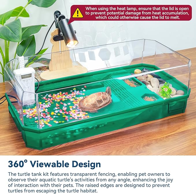 Aquatic Turtle Tank Habitat Kit Stone+Filter+Heat Lamp Enhancing Interaction with 360° Viewing, Standalone Filtration, DIY Creative Zone, Enriched Living (Green, Large[with Light])-PawvioPets