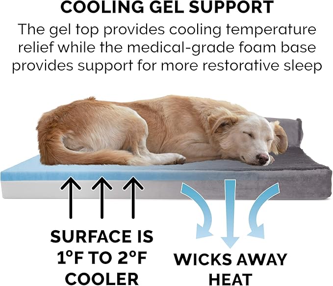 Furhaven Cooling Gel Dog Bed for Large/Medium Dogs w/ Removable Bolsters & Washable Cover, For Dogs Up to 55 lbs - Plush & Velvet L Shaped Chaise - Platinum Gray, Large-PawvioPets