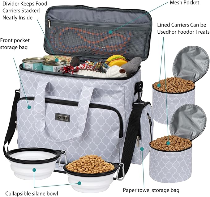 BAGLHER Dog Travel Bag, Pet Travel Bag (ALL Pet Travel Supplies), With 2 Pet Food Containers and 2 Collapsible Silicone Bowls; Essential Kits for Pet Travel DLwhite-PawvioPets