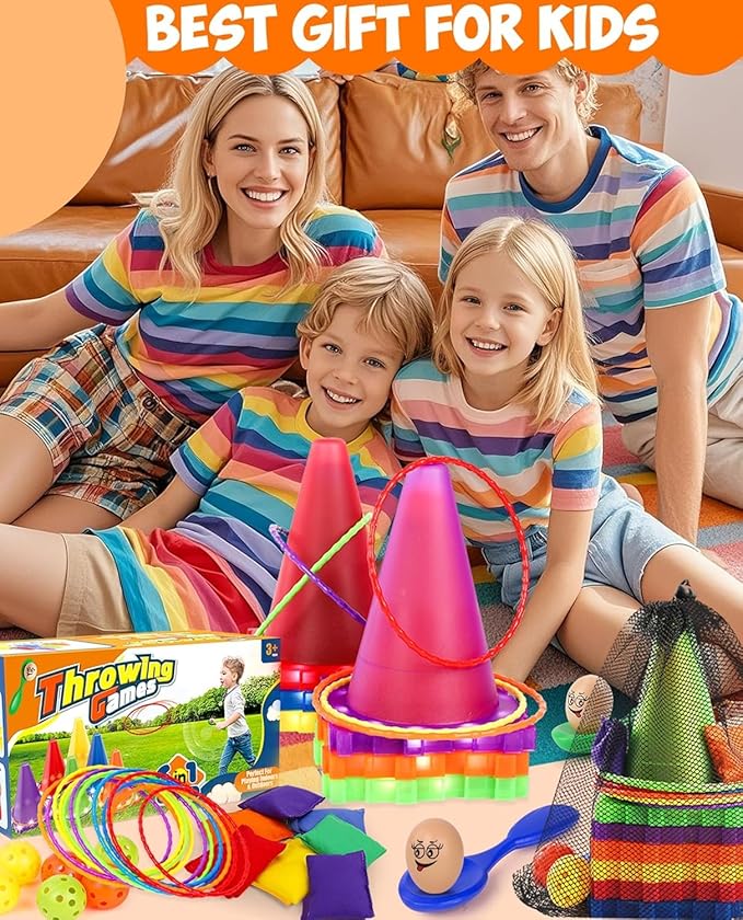 Eocolz 49PCS Carnival Games Outdoor Combo Set for Kids with LED Light, Plastic Cones Obstacle Course Bean Bags Balls Ring Toss Game Egg and Spoon Race Lawn Game, Gift for Birthday Party/Xmas/Easter-PawvioPets