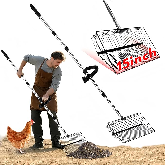 15inch Large Chicken Poop Scooper, 2 Slot Widths (0.16"&0.28"), 39" to 76" Adjustable Stainless Steel Handle, Sifting Litter Shovel for Chicken Coop/Stables/Farm Cleaning(with Effortless Grip)-PawvioPets