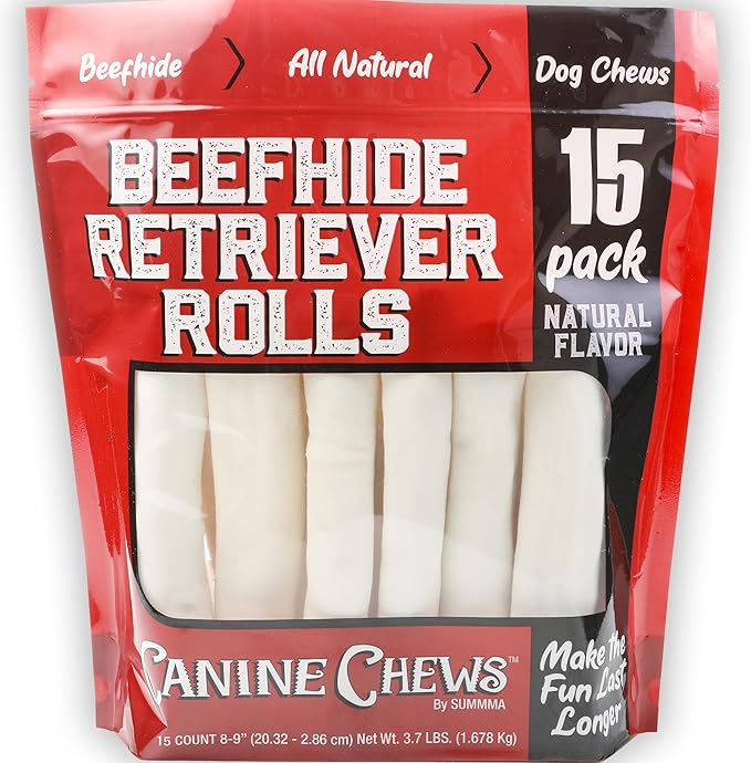 Canine Chews 8-9" Retriever Rolls for Large Dogs - Pack of 15 All-Natural Beef Hide Dog Chews for Aggressive Chewers - 3.7 lb.-PawvioPets