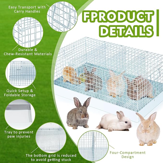 Folding Rabbit Cage, 28 x 16 x 12 in Portable Bunny Carrier with Tray and Handles for Transport, Travel or Temporary Housing, Indoor Outdoor Pet Habitat Animal Enclosure-PawvioPets